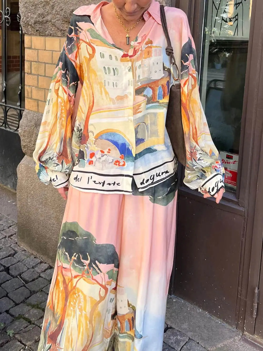 Fashion Printed 2 Piece Set Loose Lapel Buttoned Long Sleeved Shirt Elastic Waist Wide Leg Trousers Suit Spring Commuter Set