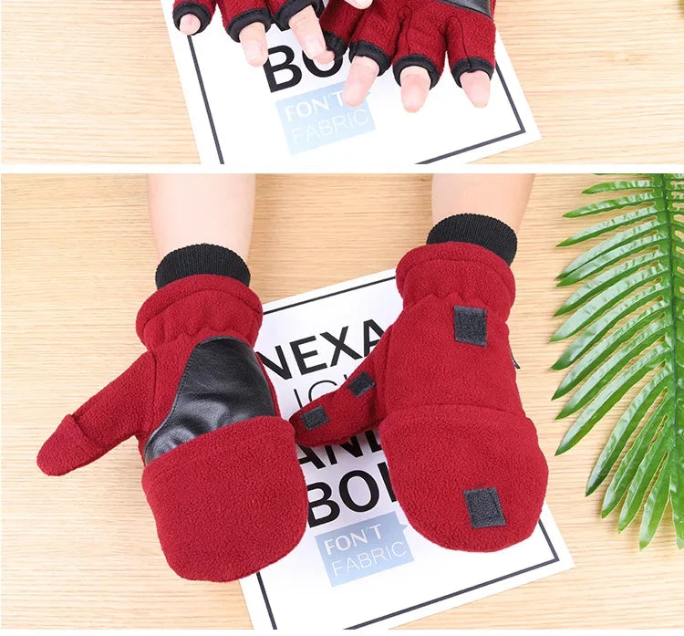 Winter Gloves Fingerless Convertible Warm Thermal Mittens Gloves Windproof Polar Fleece Warm men women double-layer Flap Gloves