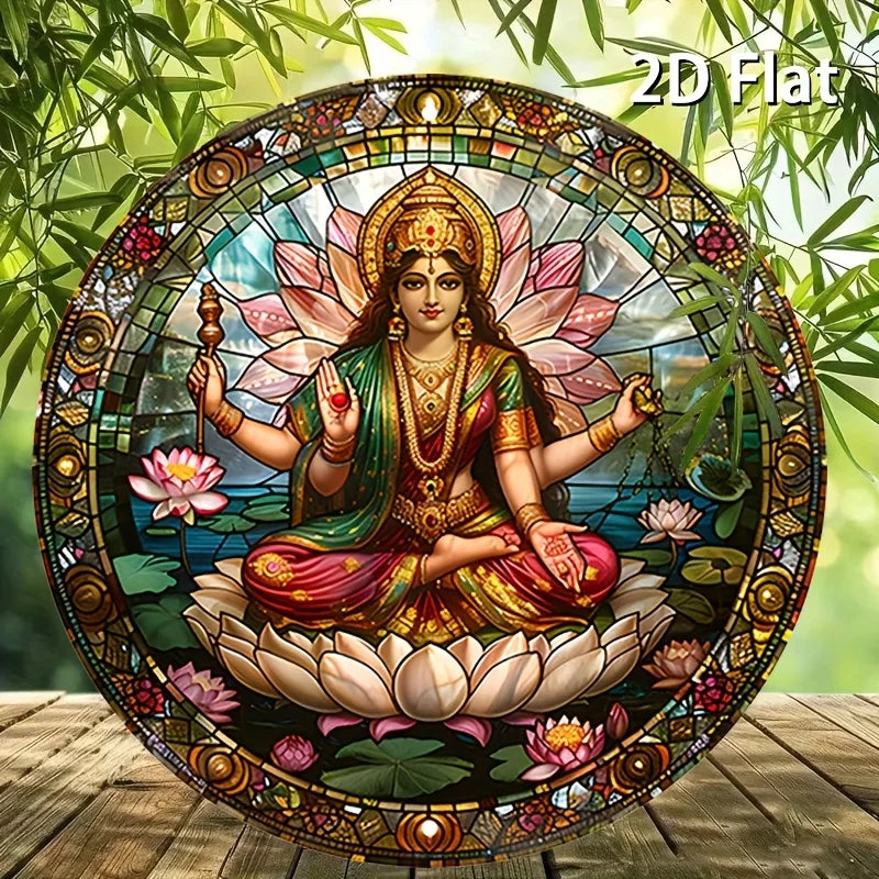 A statue of an Indian goddess sitting on a lotus throne sign,serene and sacred image,ideal spiritual space decoration,room décor