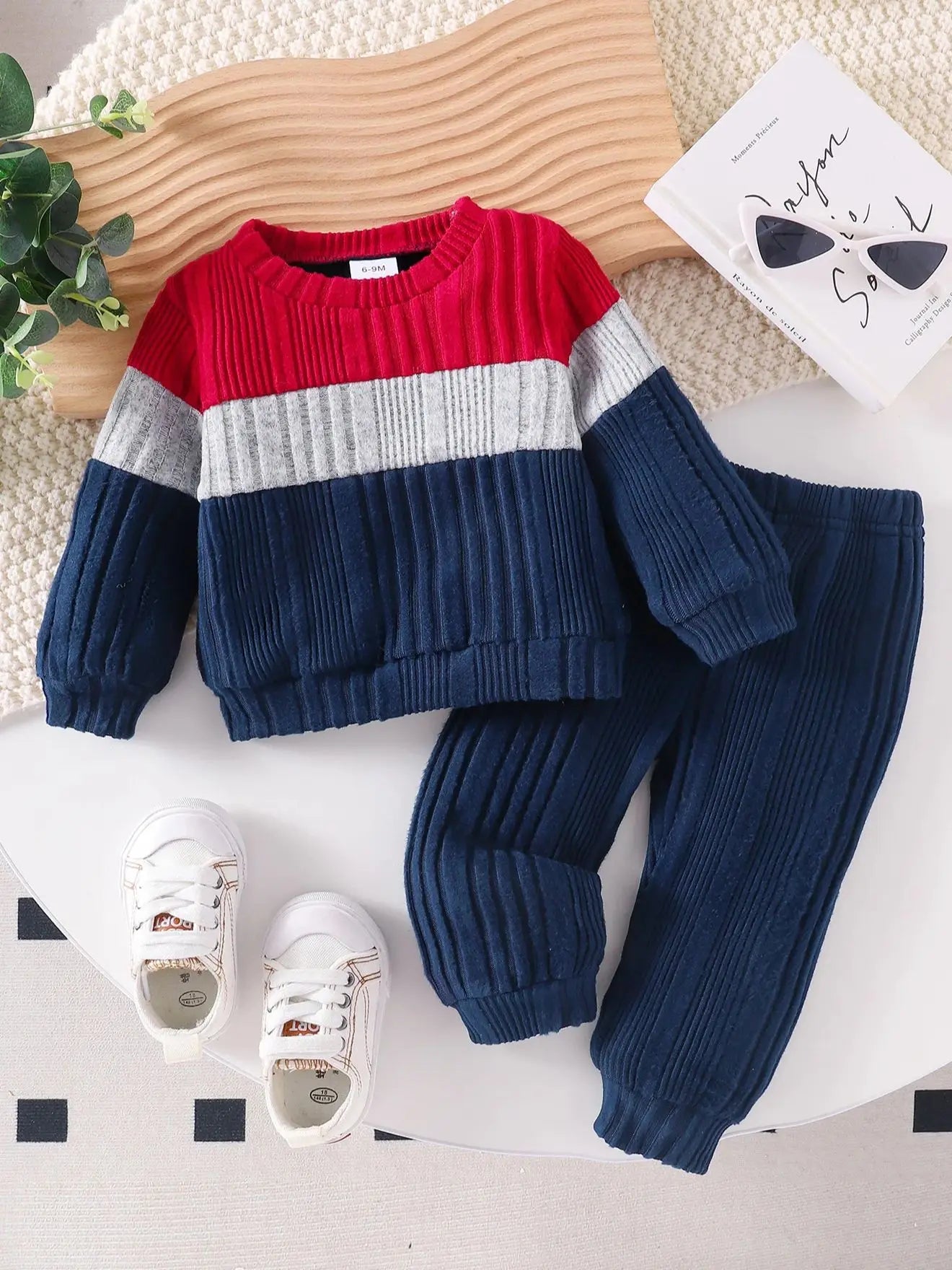 2PCS Autumn new style for boys and babies fashionable casual round-collar color matching top and trousers two-piece set