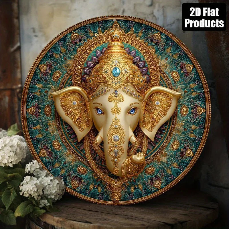 Ganesh, Golden, Jewelry Theme Round Aluminum Sign Decoration Artwork , Suitable for Home, Perfect Holiday Gift for Thanksgiving