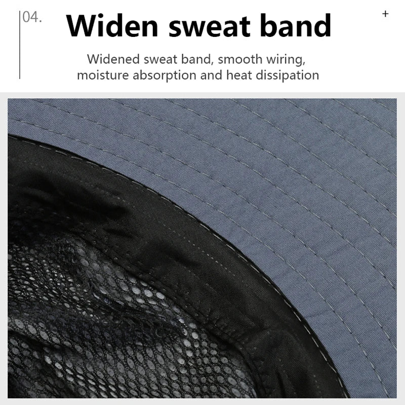 Windproof Men Outdoor Hat Wide Brim Flat Top Men Camping Hat Letter Print Anti-UV Strap Hollow Out Men Fisherman Hat Headwear