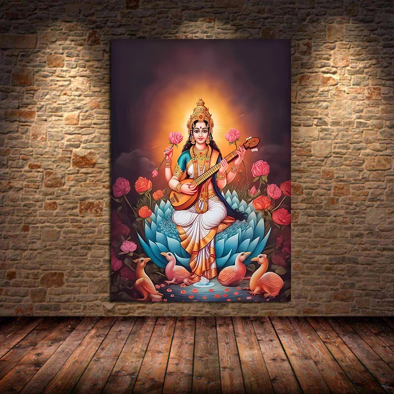 Indian Hindu Gods Lord Shiva Yoga Divine Goddess Saraswati Meditation Rt Poster Canvas Painting Wall Prints Picture Home Decor