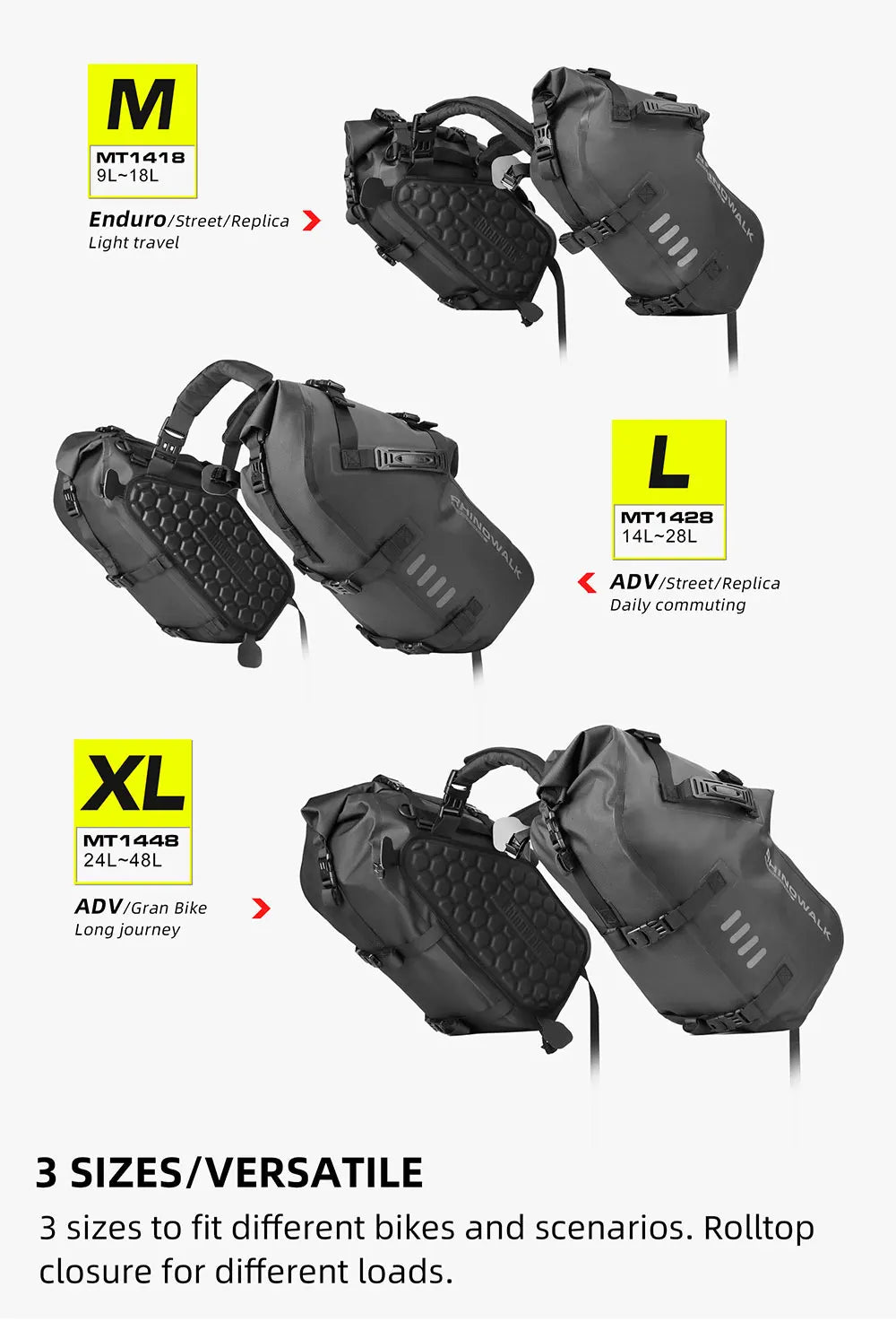 Rhinowalk Motorcycle Side Bag 2PC 100% Waterproof 18L/28L/48L Motorbike Saddle Bag Motor Pannier Bag Saddle Bags Travel Luggage