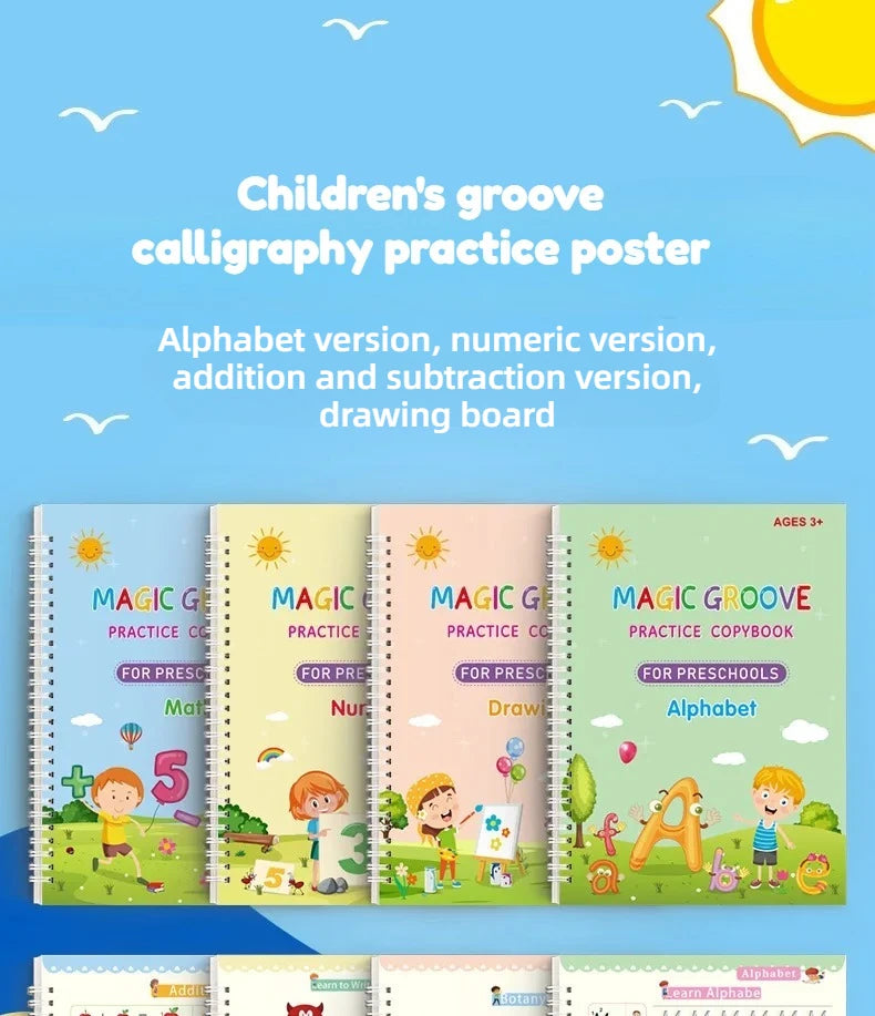 4Pcs Magic Groove Practice Copybook for Kids Reusable Writing Book Uses for Preschool English Calligraphy Free Wiping Learning