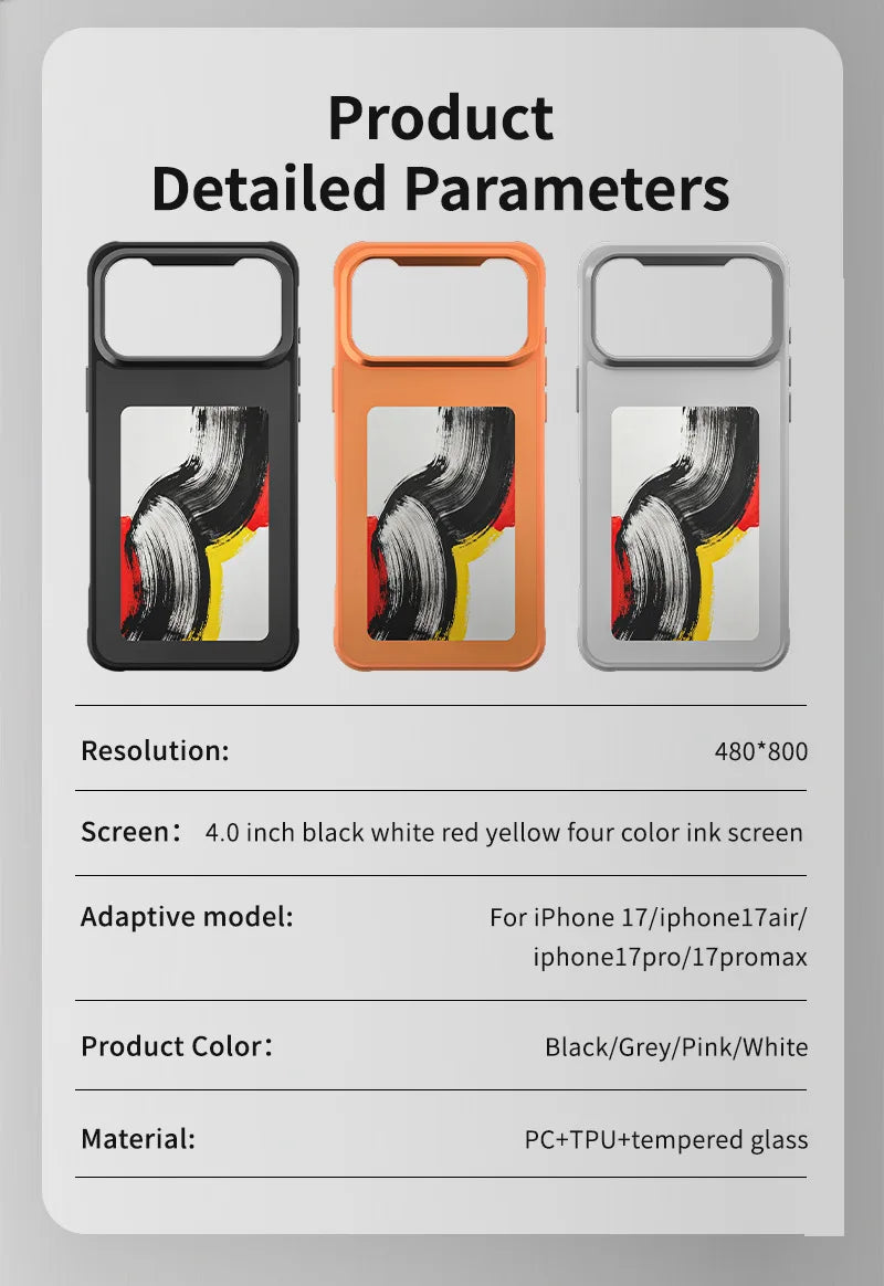 4.0" E-ink Display Phone Case for iPhone 17/17 Pro/17 Pro Max, Custom Selfie, Zero Power, Wireless Charging & NFC