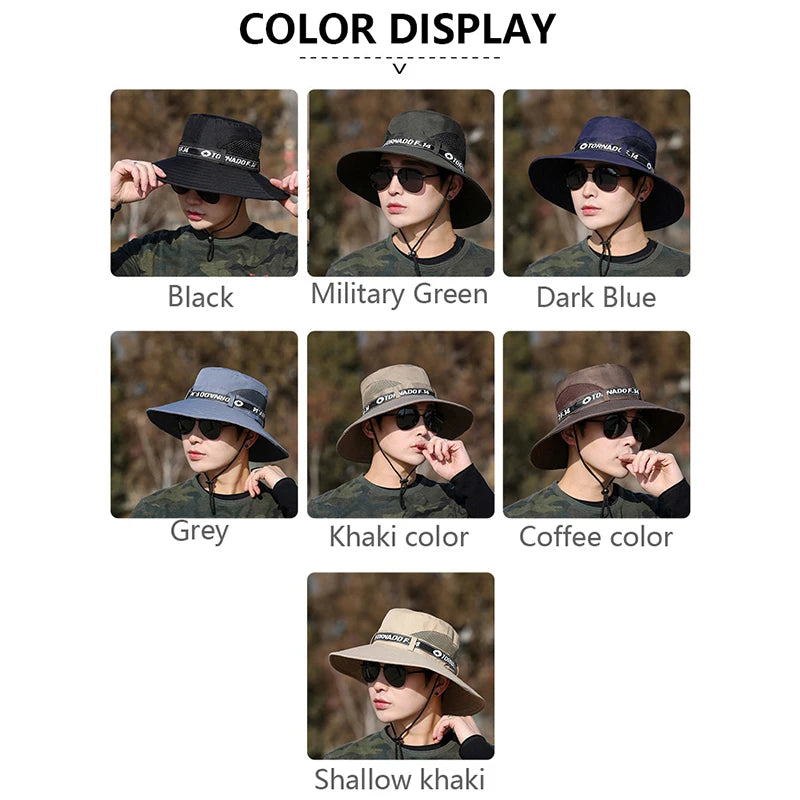 Windproof Men Outdoor Hat Wide Brim Flat Top Men Camping Hat Letter Print Anti-UV Strap Hollow Out Men Fisherman Hat Headwear