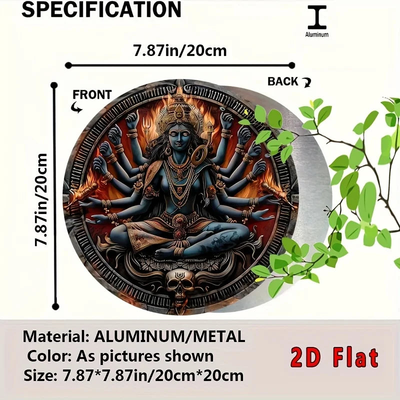 2D Flat Hindu Goddess Kali Multi-Armed Deity Round Metal Tin Sign - Spiritual Indian Mythology Themed Wall Decor, Mystical Relig