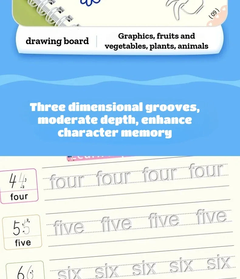 4Pcs Magic Groove Practice Copybook for Kids Reusable Writing Book Uses for Preschool English Calligraphy Free Wiping Learning