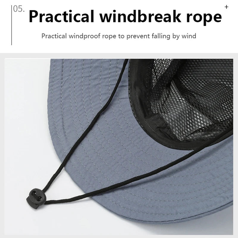 Windproof Men Outdoor Hat Wide Brim Flat Top Men Camping Hat Letter Print Anti-UV Strap Hollow Out Men Fisherman Hat Headwear