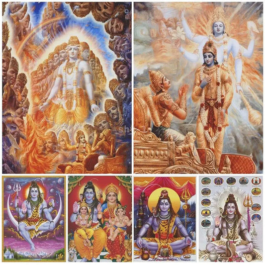 Hindu Deities Vishnu Brahma Shiva Canvas Wall Art  Vintage Indian Gods Painting for Home Decor