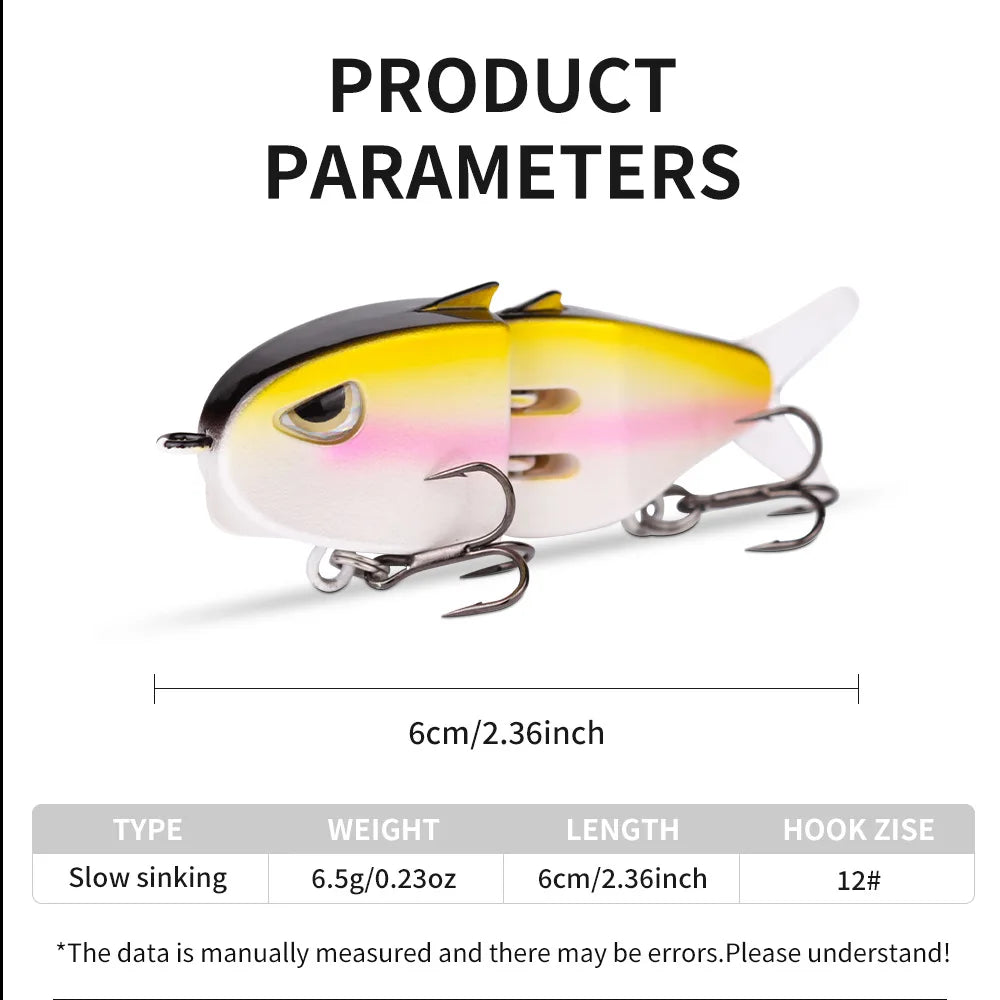 Fishing Lure Slow Sinking Swimbait 2 Joints Bait 60mm 6.5g 3D Eyes PVC Material for Bass Trout Predator Lure Pesca