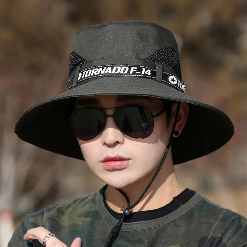 Windproof Men Outdoor Hat Wide Brim Flat Top Men Camping Hat Letter Print Anti-UV Strap Hollow Out Men Fisherman Hat Headwear